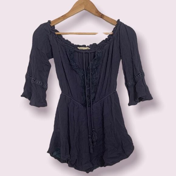 Elegant Unique Celtic Flowy 3/4 Sleeve Navy Blue Romper with Knit Lace Ruffles - Picture 2 of 11
